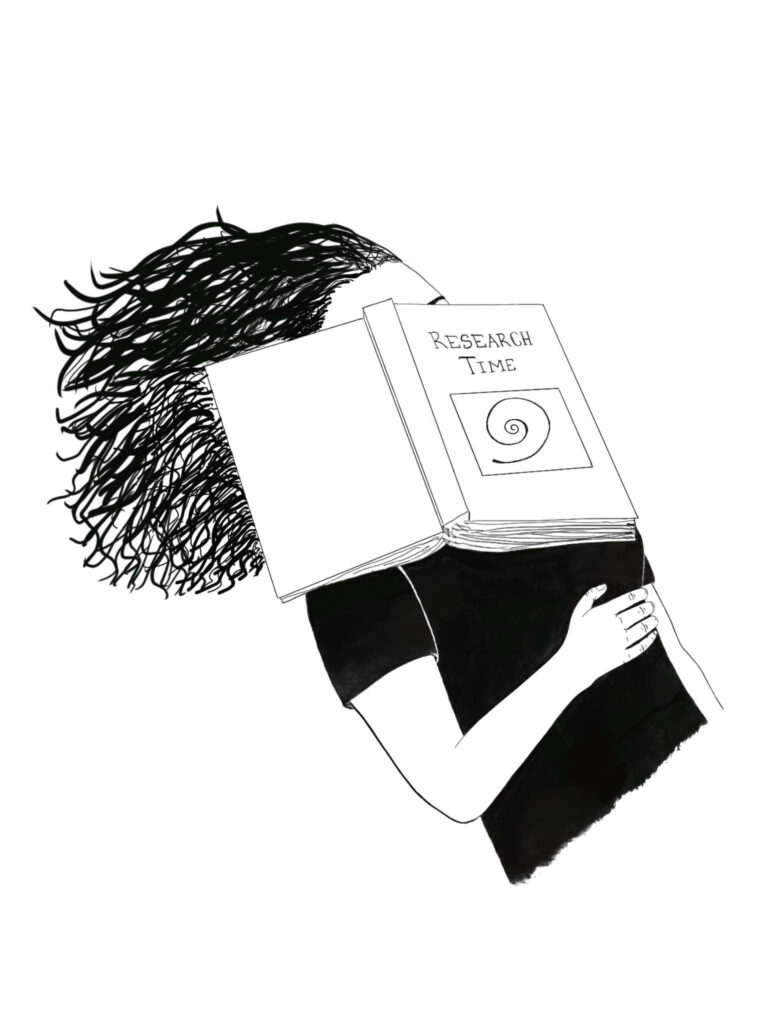 hand drawing of a person with long hair laying down and a book on their face